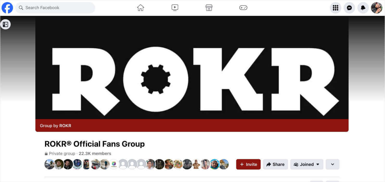 Screenshot of the Facebook group "ROKR Official Fans Group"