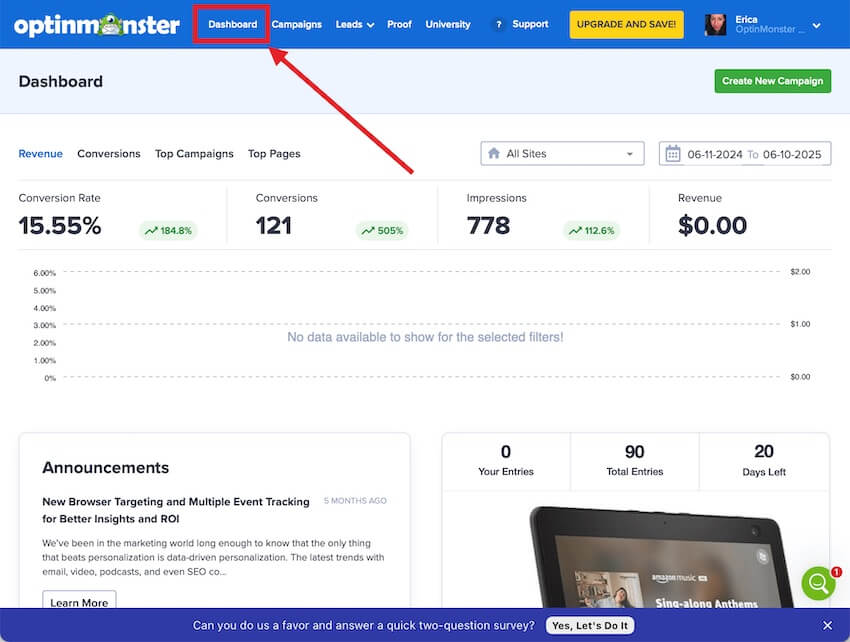 The OptinMonster Account Dashboard provides a powerful overview of your campaign and account performance including Revenue Attribution data.