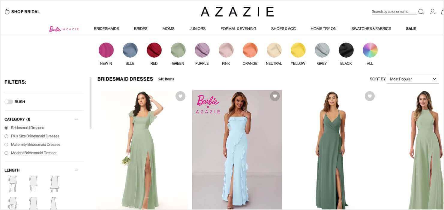 A page on Azazie website displaying a selection of bridesmaid dresses"