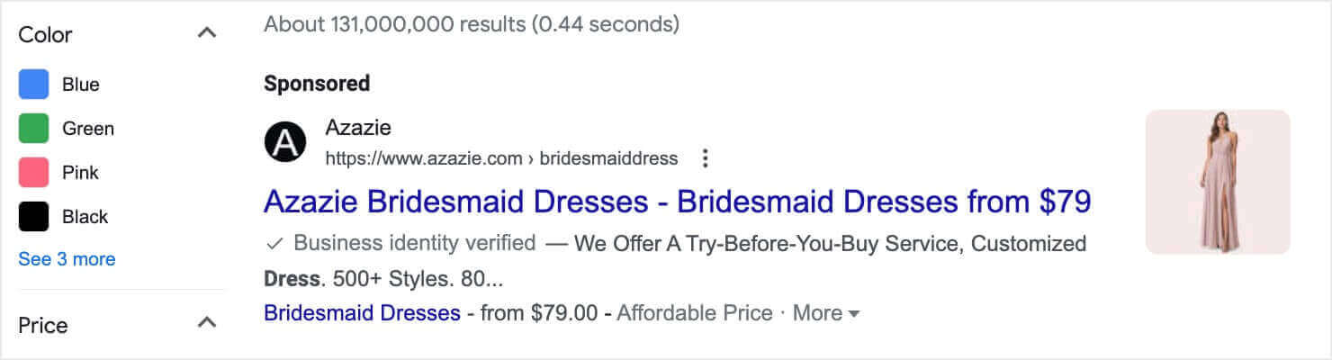 Sponsored Google search result showing a listing for Azazie Bridesmaid Dresses. The ad mentions that the business is verified and highlights their 'Try-Before-You-Buy' service, with bridesmaid dresses starting at $79. The ad also includes an image of a woman wearing a long, blush-colored bridesmaid dress