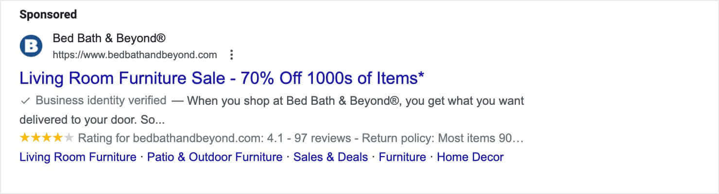 Sponsored Google search ad from Bed Bath & Beyond. The heading says "Living Room Furniture Sale - 70% Off 1000s of Items*"