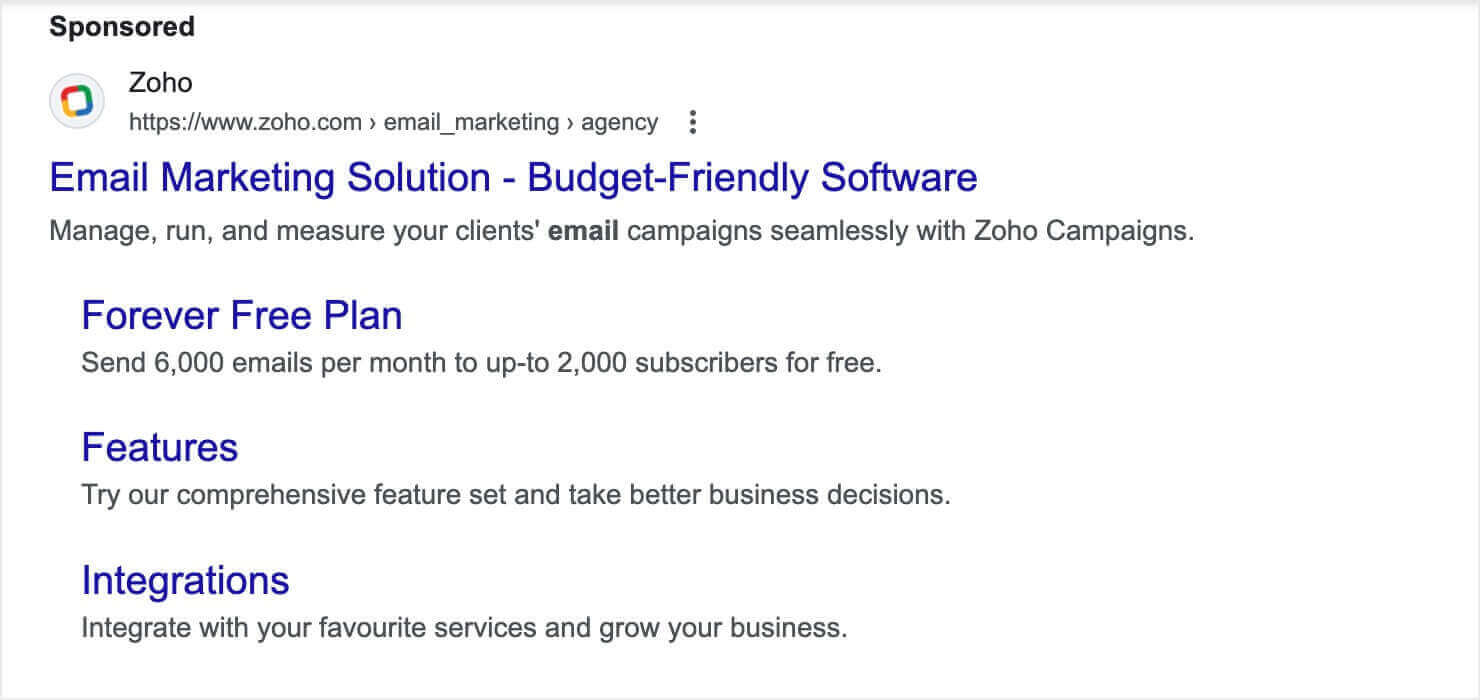 Google Ad for Zoho. Headline reads "Email Marketing Solution - Budget-Friendly Software." Below, there are prominent links for 3 pages on their site: Forever Free Plan, Features, & Integrations.