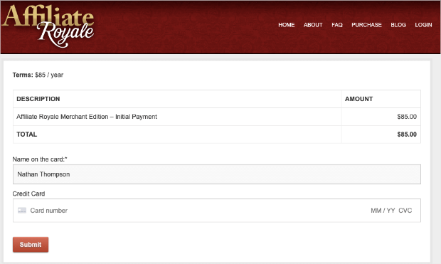 page de paiement de la filiale royale
