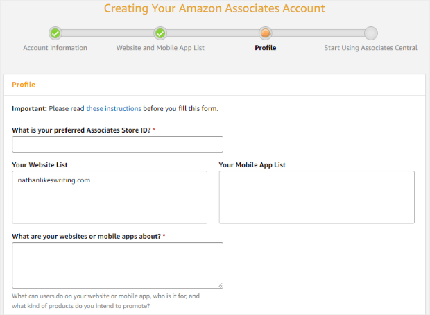amazon affiliate program creating your profile