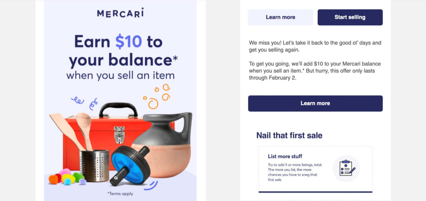 Win-back email from Mercari. Heading says "Earn $10 to your balance when you sell an item." Body text says, "We miss you! Let's take it back to the good ol' days and get you selling again. To get you going, we'll add $10 to your Mercari balance when you sell an item.* But hurry, this offer only lasts through February 2."