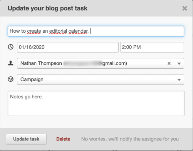editorial calendar blog post task