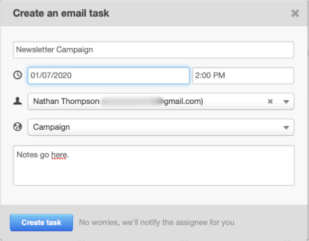 editorial calendar create email task