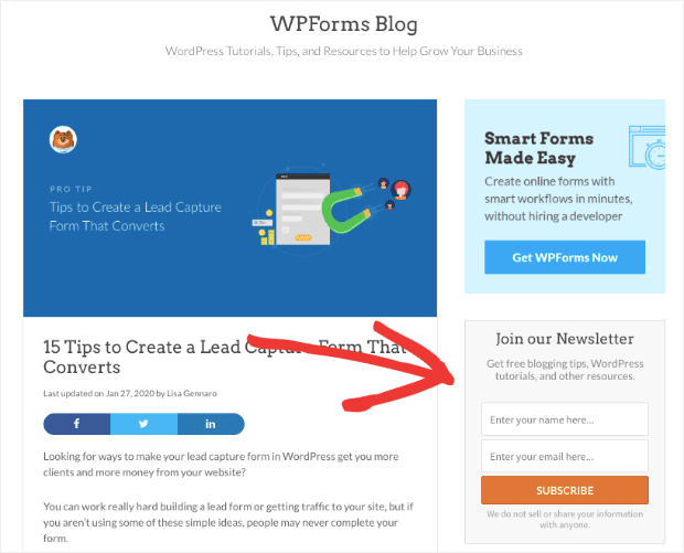 Formulario de barra lateral de optin de WPForm en la página de inicio del blog
