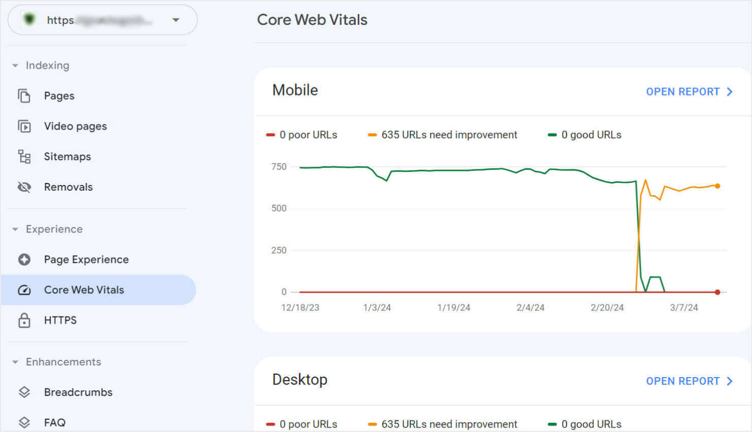 Google Search Console Core Web Vitals Report