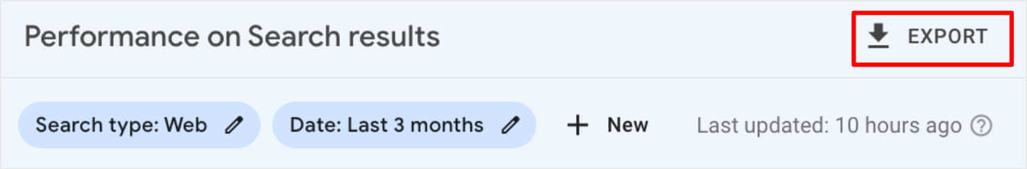 Export button in the upper right corner of GSC's Performance report