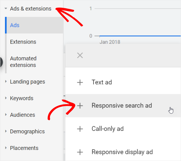 para crear un anuncio de búsqueda responsivo, vaya a anuncios y extensiones y haga clic en anuncio de búsqueda responsivo