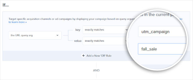 para direcionar os visitantes para uma campanha específica de anúncios PPC em optinmonster, adicione um tópico de consulta de url