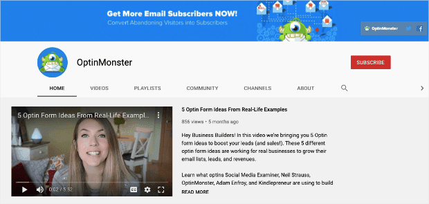 OptinMonster YouTube Channel to promote a product