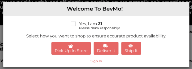 Age verification popup example by bevmo