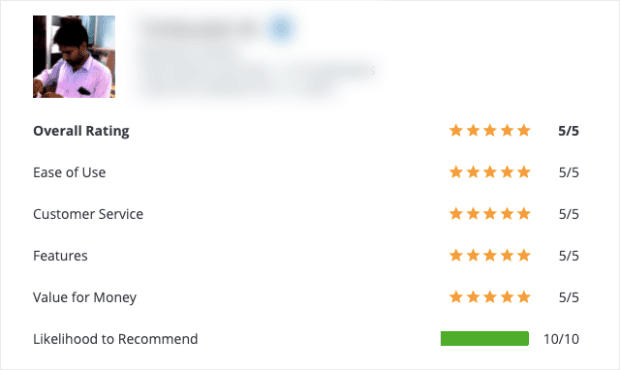 Screenshot: A user review from Capterra that gives 5/5 star ratings for Oveall Rating, Ease of Use, Customer Service, Features, Value for Money, and 10/10 rating for Likelihood to Recommend.