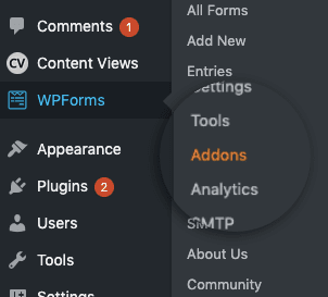 Select WPForms then Addons min