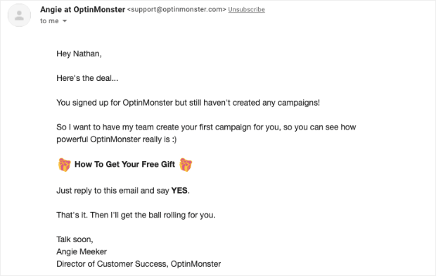 Text-based email from OptinMonster