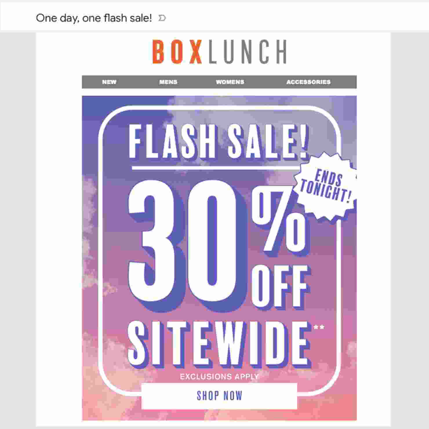 Email from BoxLunch. Subject line says "One day, one flash sale." Email content says "FLASH SALE! 30% Off Sitewide. Ends Tonight! Call-to-action button says "Shop now"