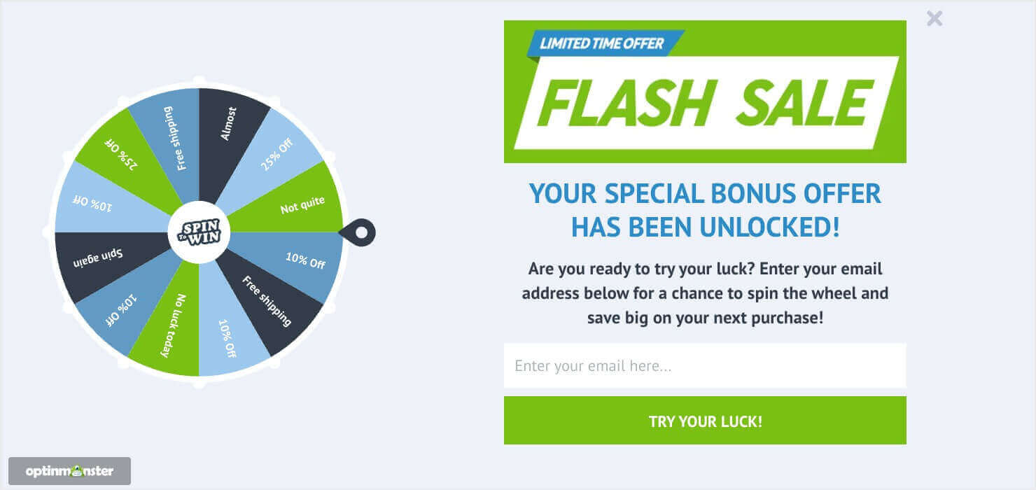 A gamified popup featuring a 'Spin to Win' wheel. The wheel is divided into segments offering various discounts and free shipping options. A prominent green banner announces 'FLASH SALE. YOUR SPECIAL BONUS OFFER HAS BEEN UNLOCKED!' Instructions encourage visitors to enter their email address to spin the wheel for a chance to save on their next purchase. An email entry field and a 'Try Your Luck!' button are also visible.