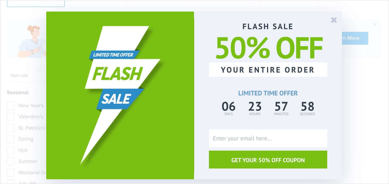 A website popup template offering a flash sale with 50% off the entire order. The popup features a vibrant green background with a bold, stylized 'FLASH SALE' banner. It shows a countdown timer with the label "LIMITED TIME OFFER.". Below the timer, there is a field to enter your email and a button to 'GET YOUR 50% OFF COUPON.' 