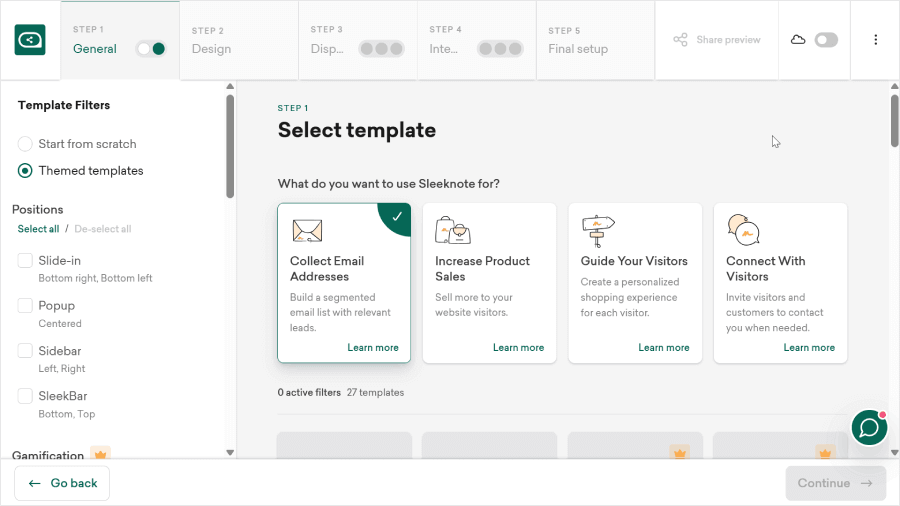 Choosing a template in Sleeknote