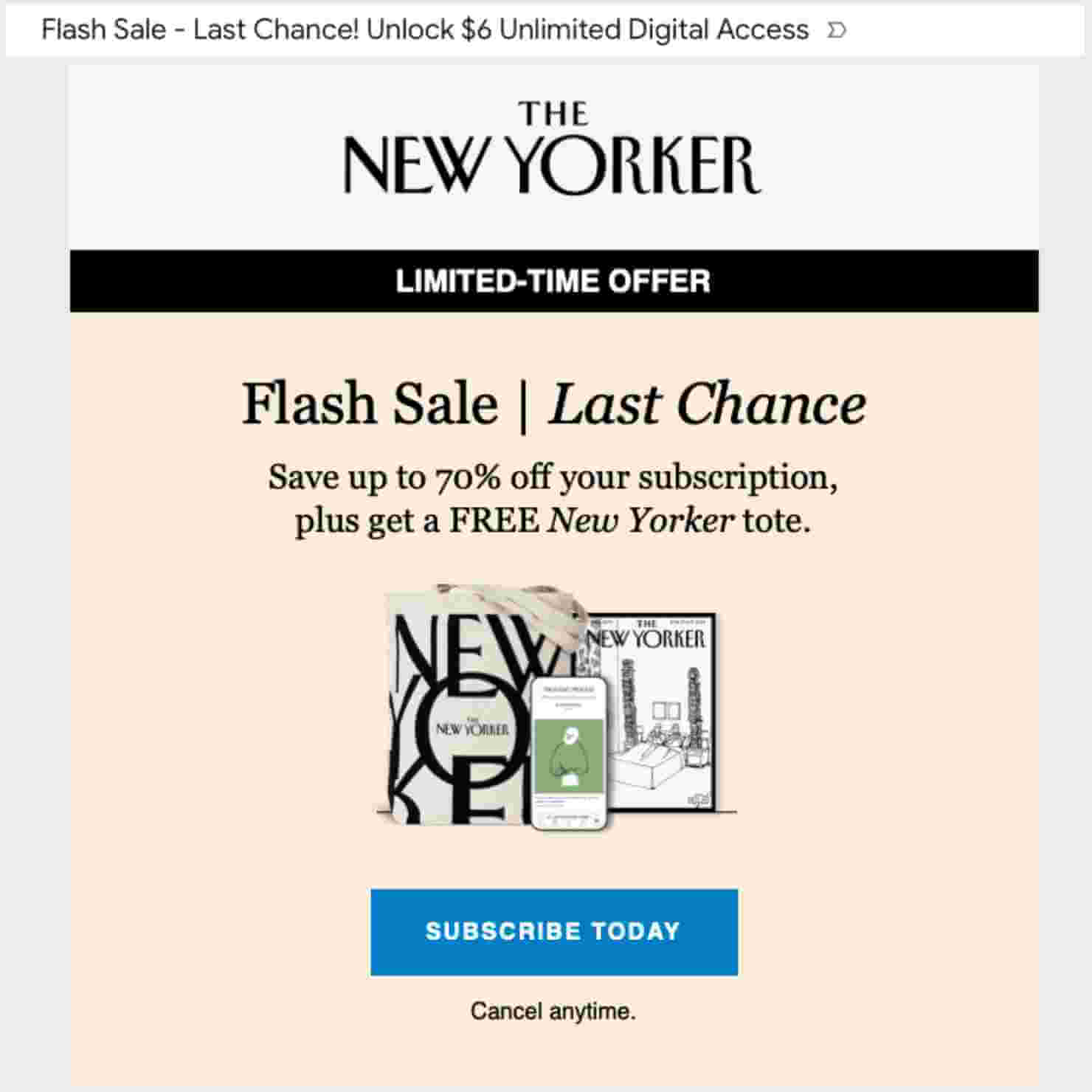New Yorker flash sale example. Email subject line says "Flash Sale - Last Chance! Unlock $6 Unlimited Digital Access." Email content includes "Save up to 70% off your subscription, plus get a FREE New Yorker tote."