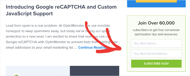OptinMonster sidebar form for review