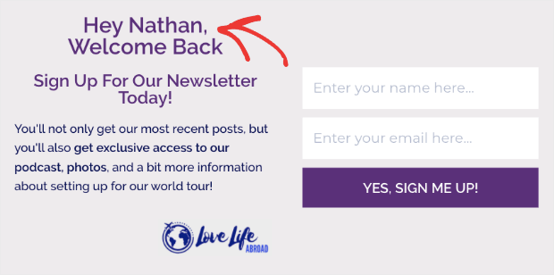 An OptinMonster website popup that says "Hey Nathan, Welcome Back. Sign Up For Our Newsletter Today!"