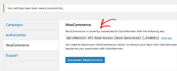 WooCommerce success message connected to OptinMonster