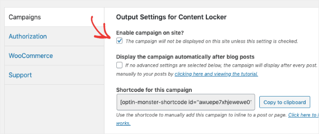 Enable campaign on site checkbox