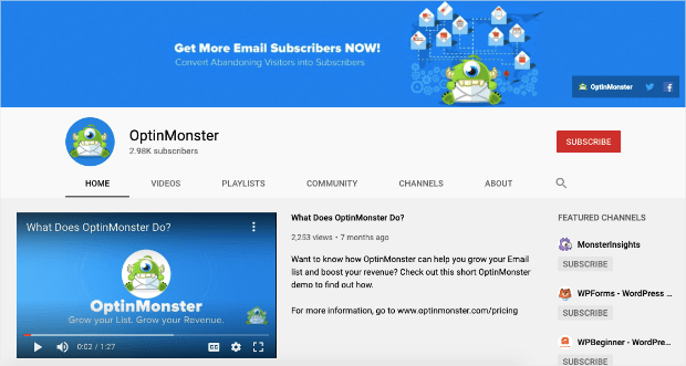 OptinMonster YouTube Homepage