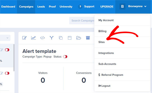 OptinMonster account dropdown select site - OptinMonster OptinMonster account dropdown select site