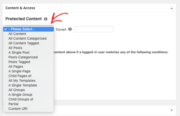 Select which content to lock for your paywall in memberpress