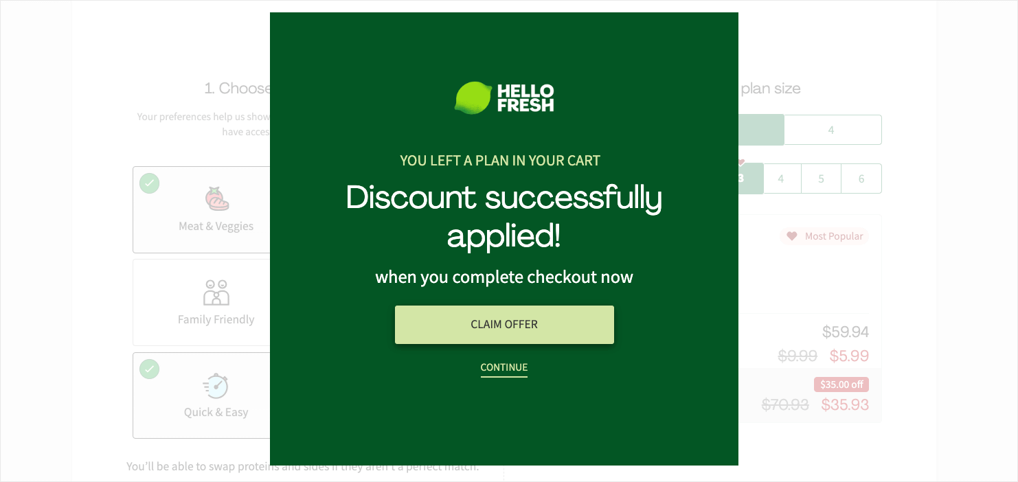 HelloFresh popup that says "You left a plan in your cart. Discount successfully applied! when you complete checkout now." CTA button says "Claim offer." Linked text below says "Continue"