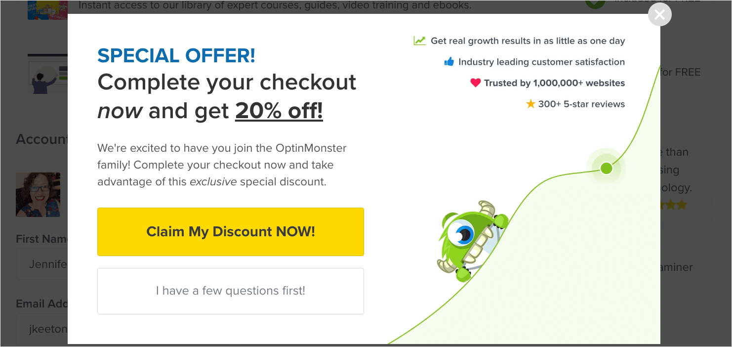 OptinMonster popup that says "Special Offer! Complete your checkout now and get 20% off!" CTA buttons say "Claim My Discount NOW!" and "I have a few questions first"