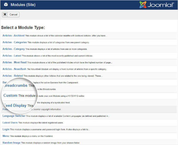 Choose custom module in Joomla