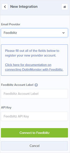 FeedBlitz account details for OptinMonster integration