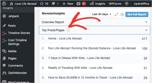 top posts and pages with monsterinsights