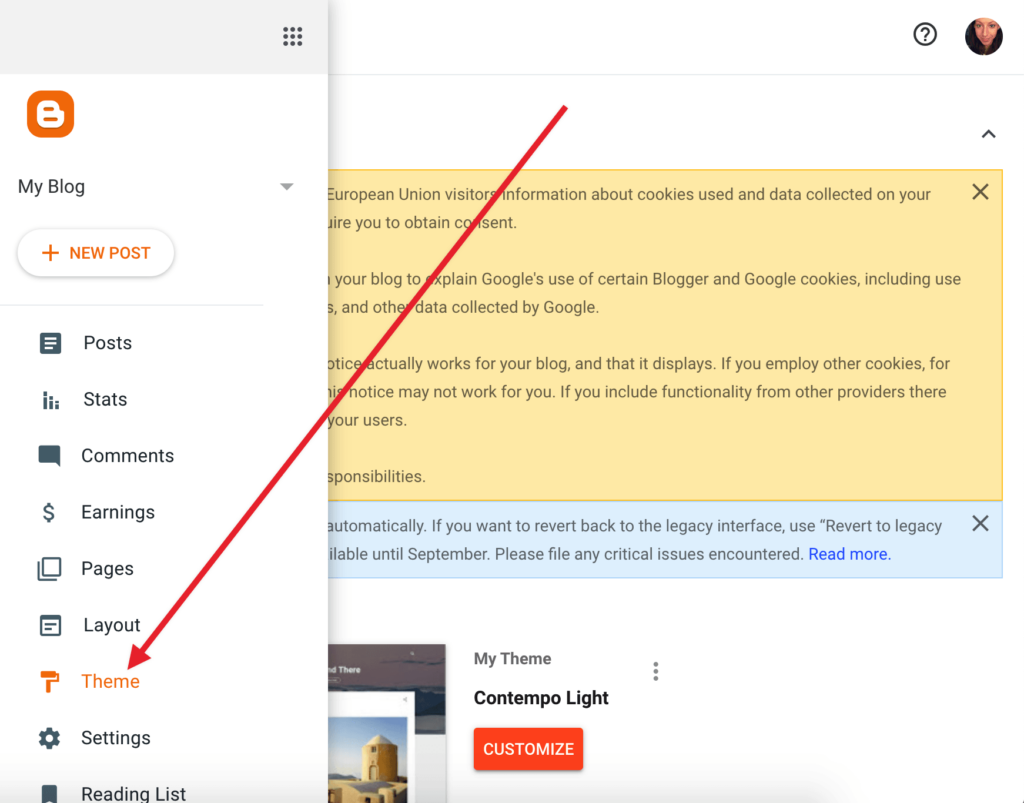 Navigate to the Theme page in Blogger. - OptinMonster Navigate to the Theme page in Blogger.