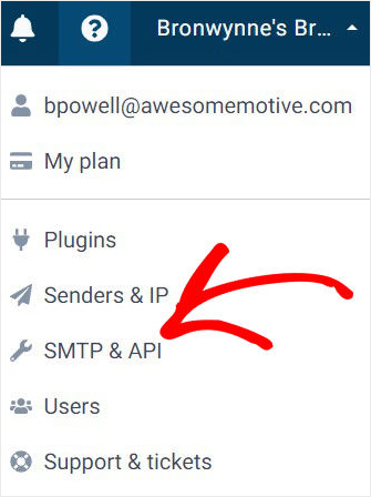 Sendinblue ACcount dropdown