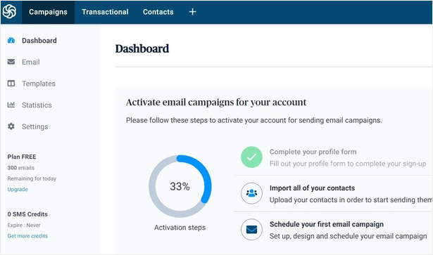 Sendinblue account dashboard screen