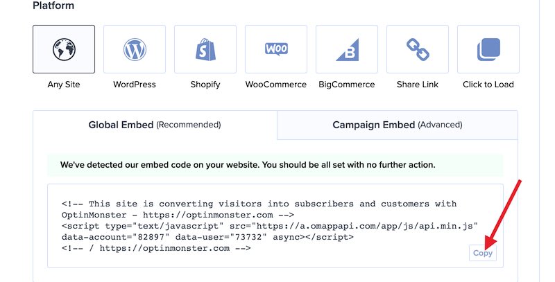 New Publish Screen Embed - OptinMonster