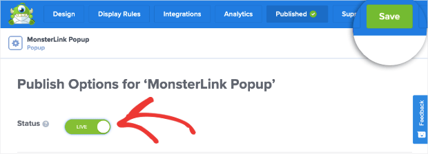 Save and publish monsterlink campaign