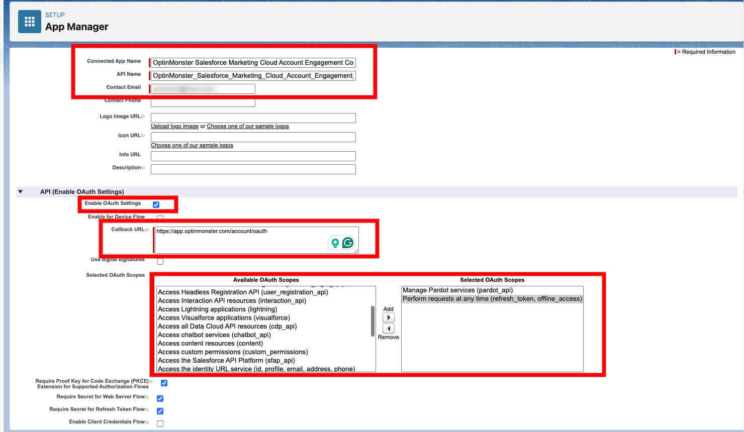 5-mcae-connected-app-settings - OptinMonster Fill out MCAE connected app settings
