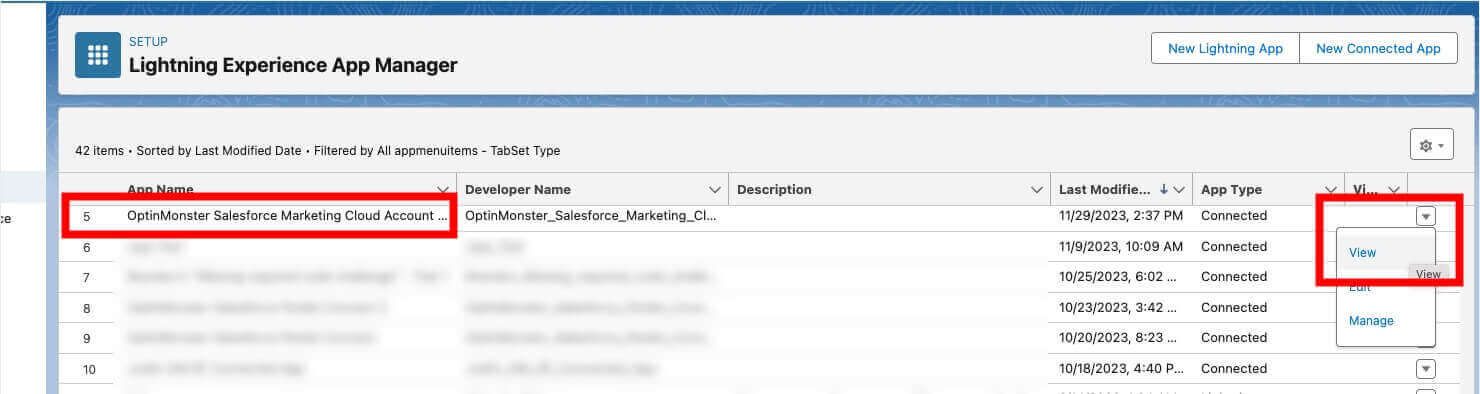 7-mcae-view-connected-app - OptinMonster Click "View" beside the new connected app you just created.