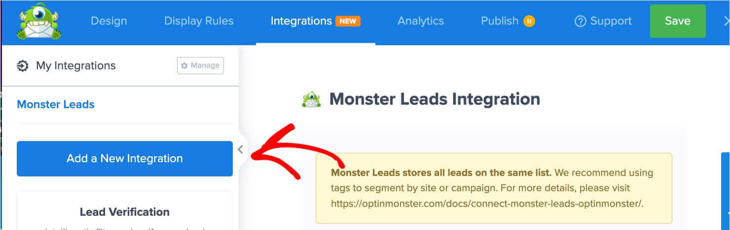 optinmonster-add-a-new-integration - OptinMonster Click Add a New Integration button in OptinMonster