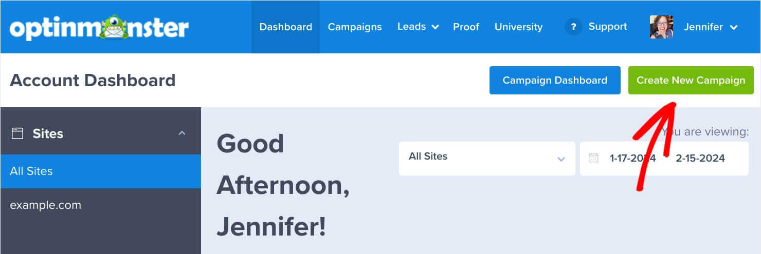 Click the green "Create New Campaign" in the upper right corner of the OptinMonster dashboard to start making your Constant Contact email form.