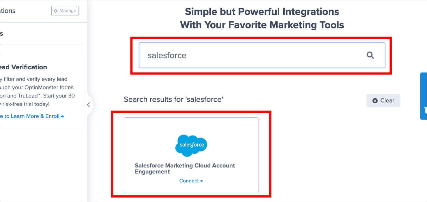 optinmonster-salesforce-marketing-cloud-account-engagement - OptinMonster Search for and select the Salesforce Marketing Cloud Account Engagement app