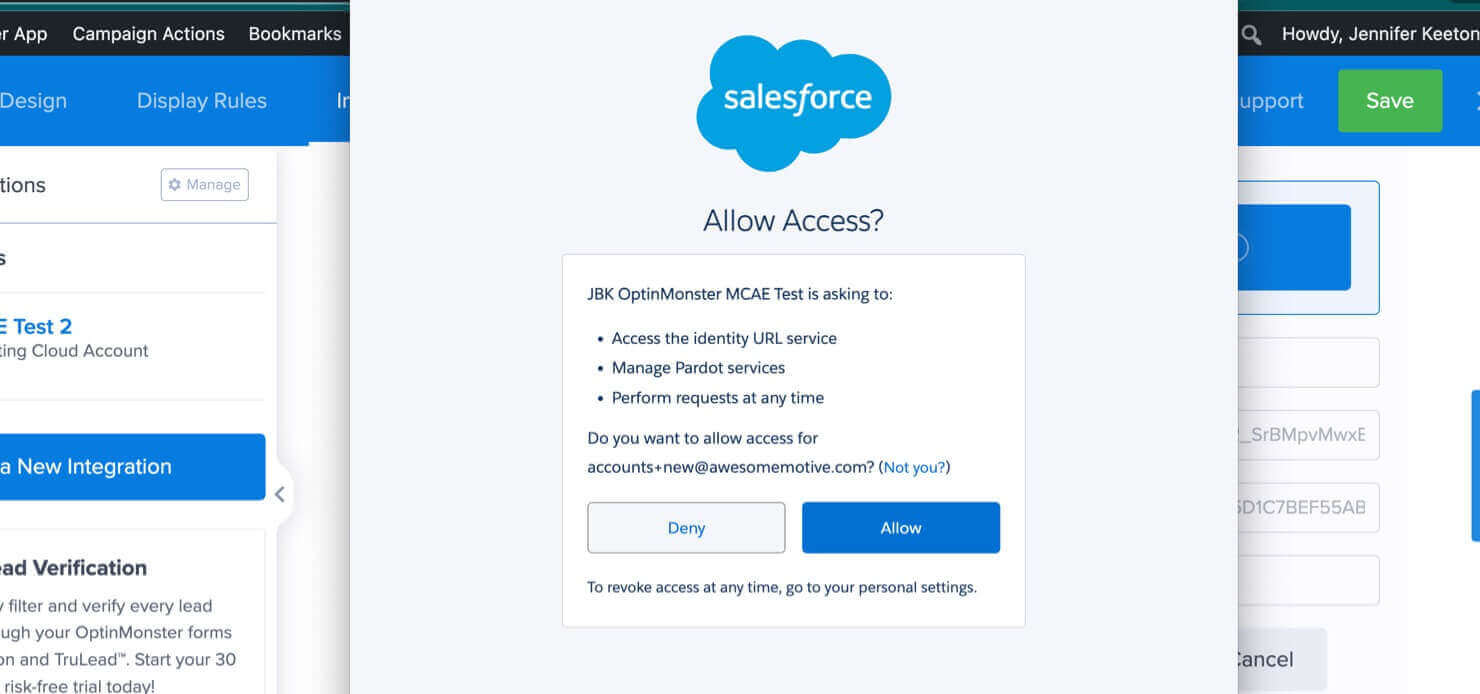 optinmonster-salesforce-mcae-allow-access - OptinMonster Popups asking to allow: Access the identity URL service, Manage Pardot services, Perform requests at any time