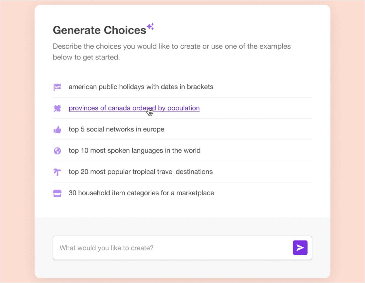 wpforms-ai-feature - OptinMonster WPForms AI feature that lets you describe the types of choices you want the AI to generate for a form question.